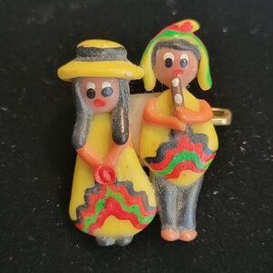 Vintage Mexican Folk Art Couple Brooch Colorful Hand Painted Fiesta Pin